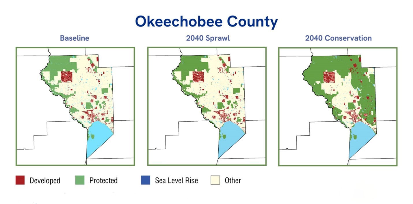 Side-by-side comparison of Okeechobee's baseline development map with its 2040 development projections with or without conservation efforts. The "2040 Sprawl" map looks similar to baseline, while the "2040 Conservation" map boasts significantly more green area.