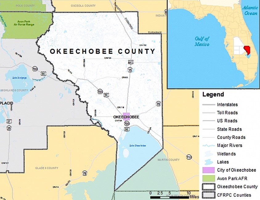 Map of Okeechobee County showing its location within the state of Florida and its main roads, lakes, and the city of Okeechobee