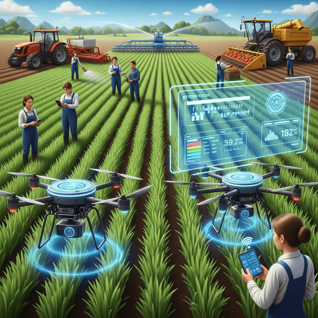 An AI-generated image of neat row crops. People stand around looking at tablet and cellphone screens. Two drones hover in the foreground; one of them projects a screen with statistics. Large machinery is at work in the background.