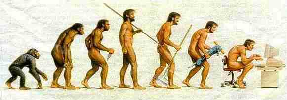 A line of beings from the side, all facing ahead, showing the succession of "evolution." The first being is an ape and the las is a man hunched over at a computer.