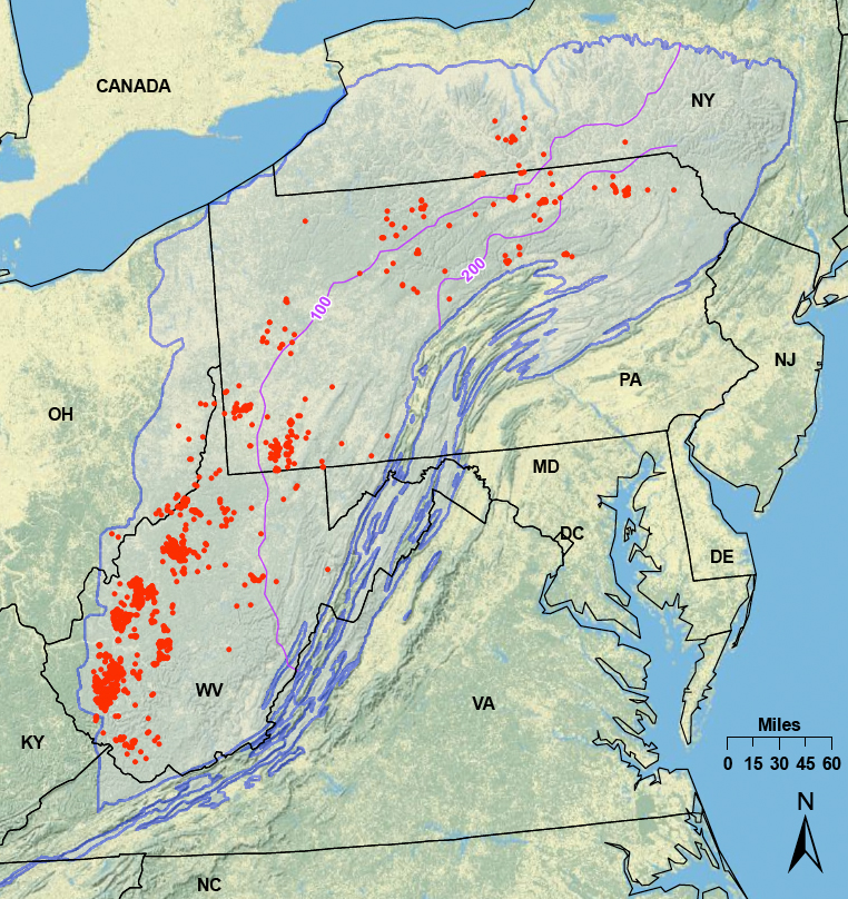 Map showing the extent of the development of the Marcellus shale play, right as the fracking boom was getting started. Red dots show the placement of individual wells (Energy Information Administration)