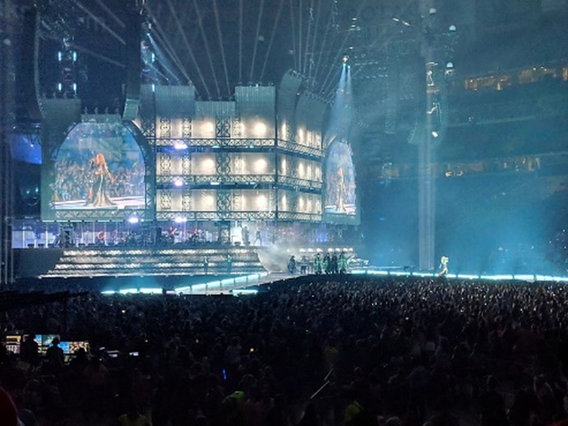 Photograph showing the brightly illuminated main stage during Taylor Swift's 2018 Reputation Tour in Minneapolis. The picture capture what looks like a 100-foot tall projection of the singer and tens of thousands of audience members crowding in the stands and terrace. Considering the travel required to fill this stadium illustrates clearly how even services that seem "intangible" exact a heavy trophic tax. 