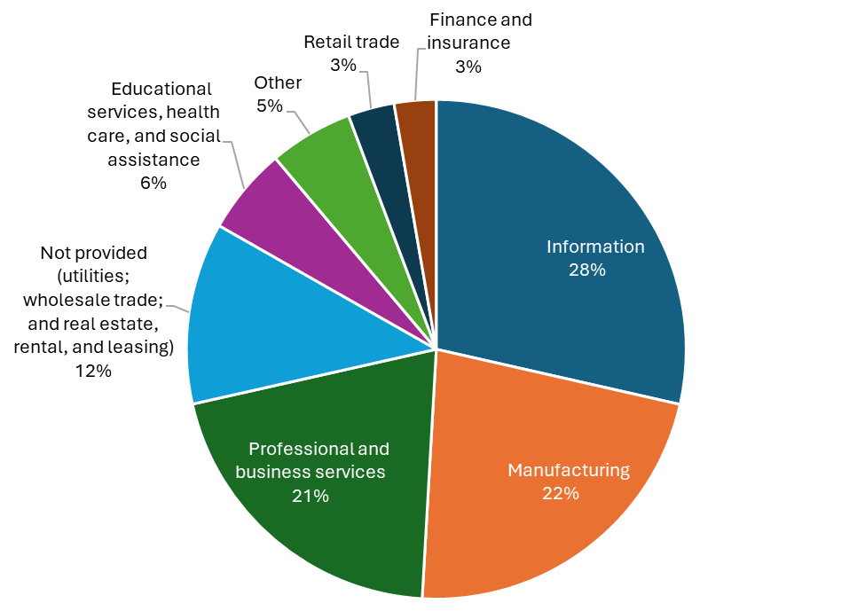 Pie chart showing share of the San Jose metro area's main industry segments. The three segments accounting for almost 75% of San Jose's economy include Information (28%), Manufacturing (22%), and Professional and business services (21%)