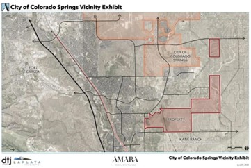 Map of the Amara property annexation proposal, showing the outlines of the project in maroon and the land area occupied by contemporary Colorado Springs in orange. Other details provided by the map include the region's topography and main roads. 