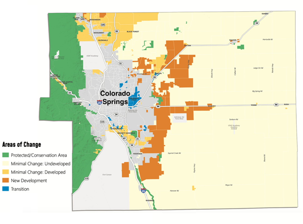 Color-coded map of Colorado Springs showing the areas set aside for development or conservation.