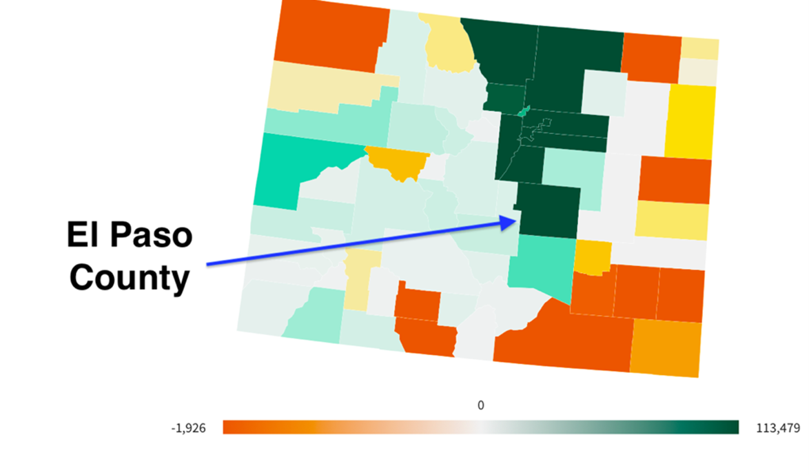 Map of Colorado with counties color-coded for rate of growth and El Paso County called out. The county's dark green color indicates one of the highest rates of growth in the state. 