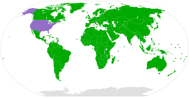 Mercator map projection of the world, showing the United States colored in purple and all other countries colored in green. 