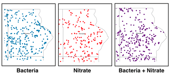 Three side-by-side maps showing the density (from left to right) of wells contaminated by bacteria, nitrates, and both bacteria and nitrates in Allamakee County.