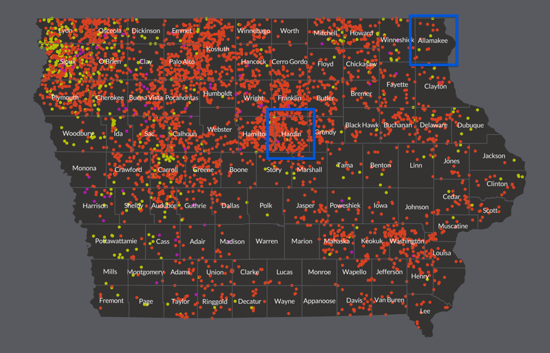 Map of Iowa showing the different counties, with density of CAFOs indicated through orange and yellow dots. Hardin and Allamakee counties are highlighted through light blue boxes.