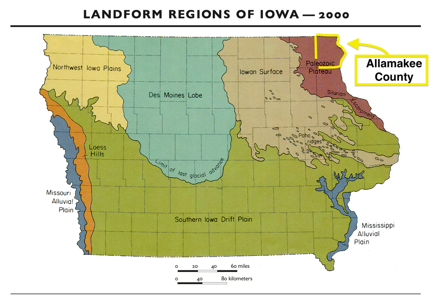 Map of Iowa broken down into eight distinct geological areas, with Allamakee County called out in the northeast corner of the state in the (brown shaded) Paleozoic Plateau.