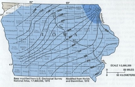 U.S. Geological Survey map showing the distribution of the Jordan Aquifer in the state of Iowa.