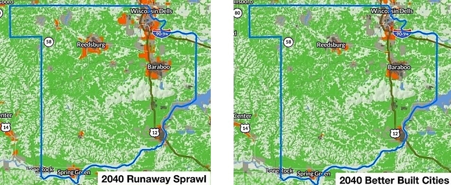 Side-by-side map showing the changes in residential development in the 2040 Runaway Sprawl vs Urban Development scenarios.