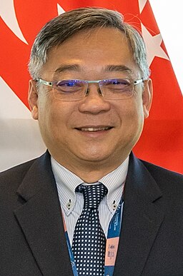 Portrait of Gan Kim Yong with Singaporean flag behind him.