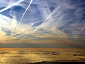 Sky full of airplane contrails