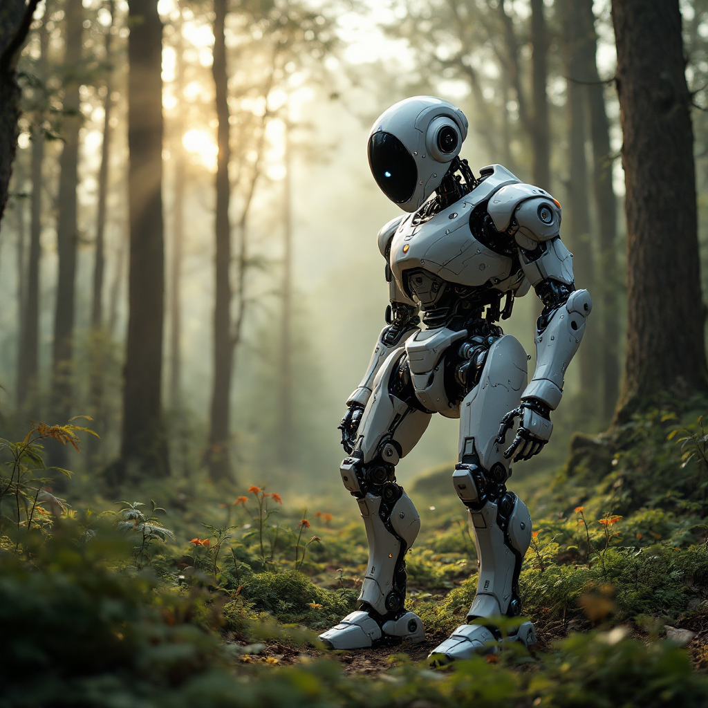 A robot stands and looks down at the ground in the middle of a forest.