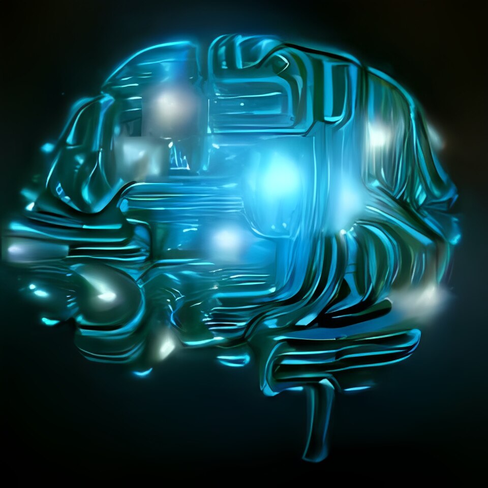 An illustration of a bluish, metallic-looking brain, with white lights scattered within it.