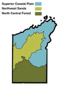 map showing three zones of Bayfield County: the Superior Coastal Plain, the Northwest Sands, and the North Central Forest.