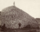 A giant pile of bison bones, with one person standing at the base and one on top.