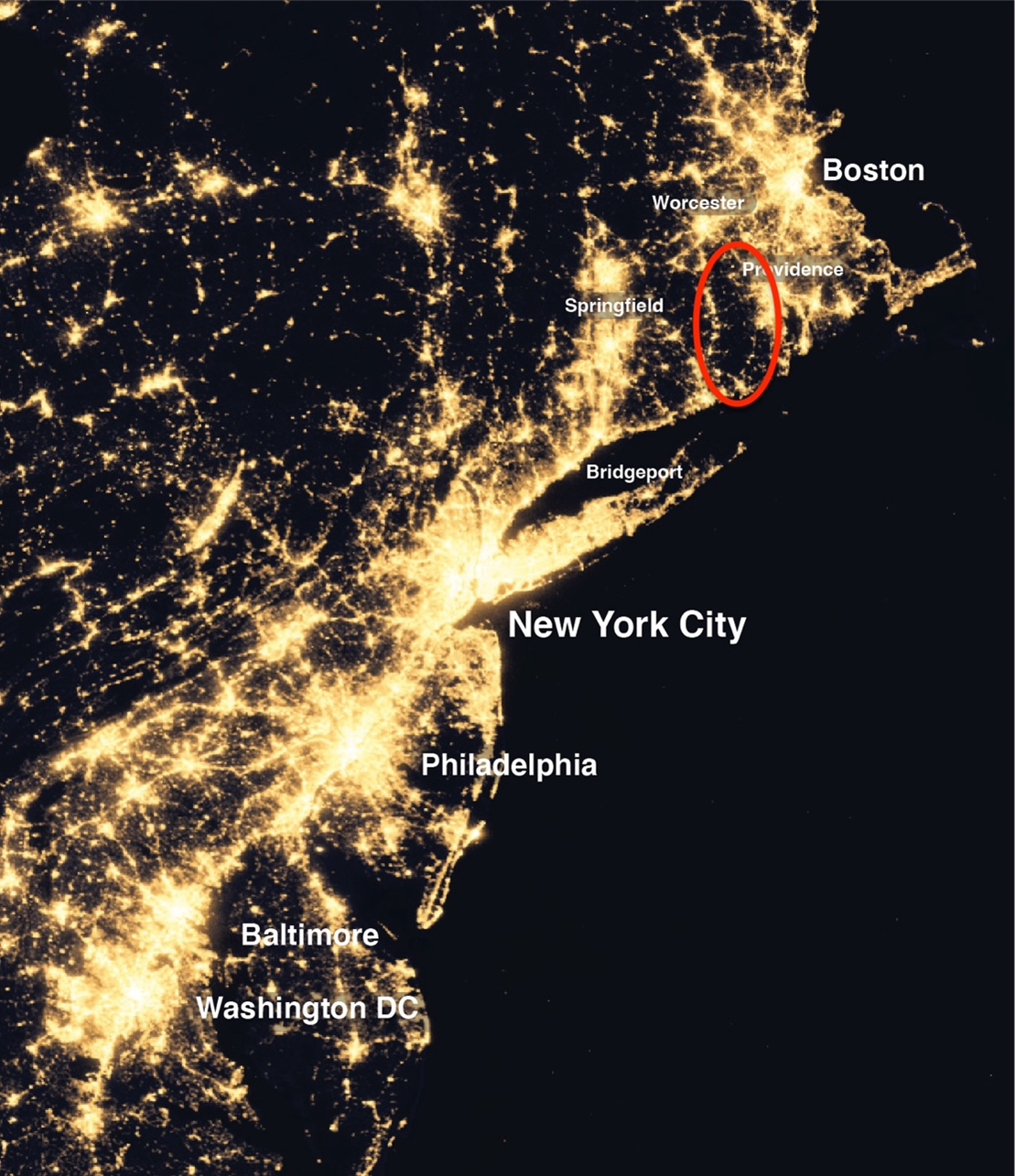 Image of lit-up BosWash region at night, with the following cities listed, from southwest to northeast: Washington, DC, Baltimore, Philadelphia, New York City, Bridgeport, Springfield, Providence, Worcester, and Boston.