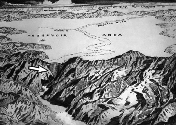 A black and white drawing of a large area filled with a reservoir and the proposed location of the Hoover Dam noted between mountains, with the Colorado River below. The location of the Grand Canyon is noted in the background.