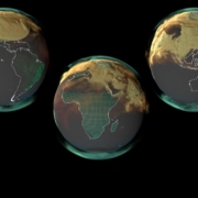 CO2_gmao_202102_lrg-min A visualization showing three different angles of planet Earth, with yellow clouds swirling in the atmosphere that represent emissions from burning fossil fuels.