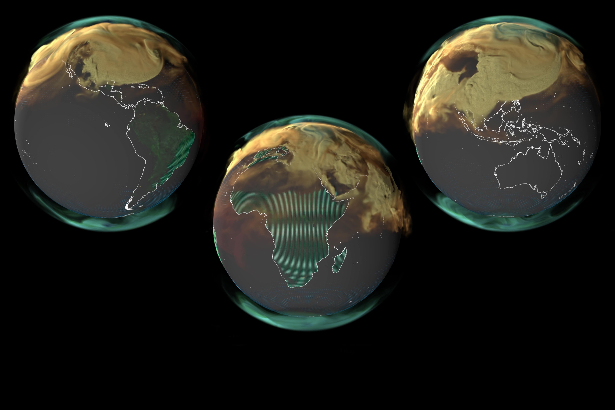 A visualization showing three different angles of planet Earth, with yellow clouds swirling in the atmosphere that represent emissions from burning fossil fuels.
