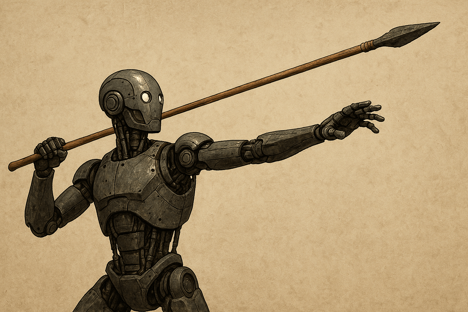 A robot prepares to throw a spear, holding it awkwardly behind its head.