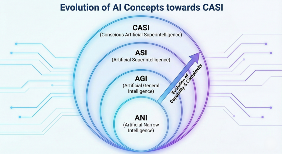 A graphic showing each next level of AI encircling the previous, from ANI to AGI to ASI to CASI.