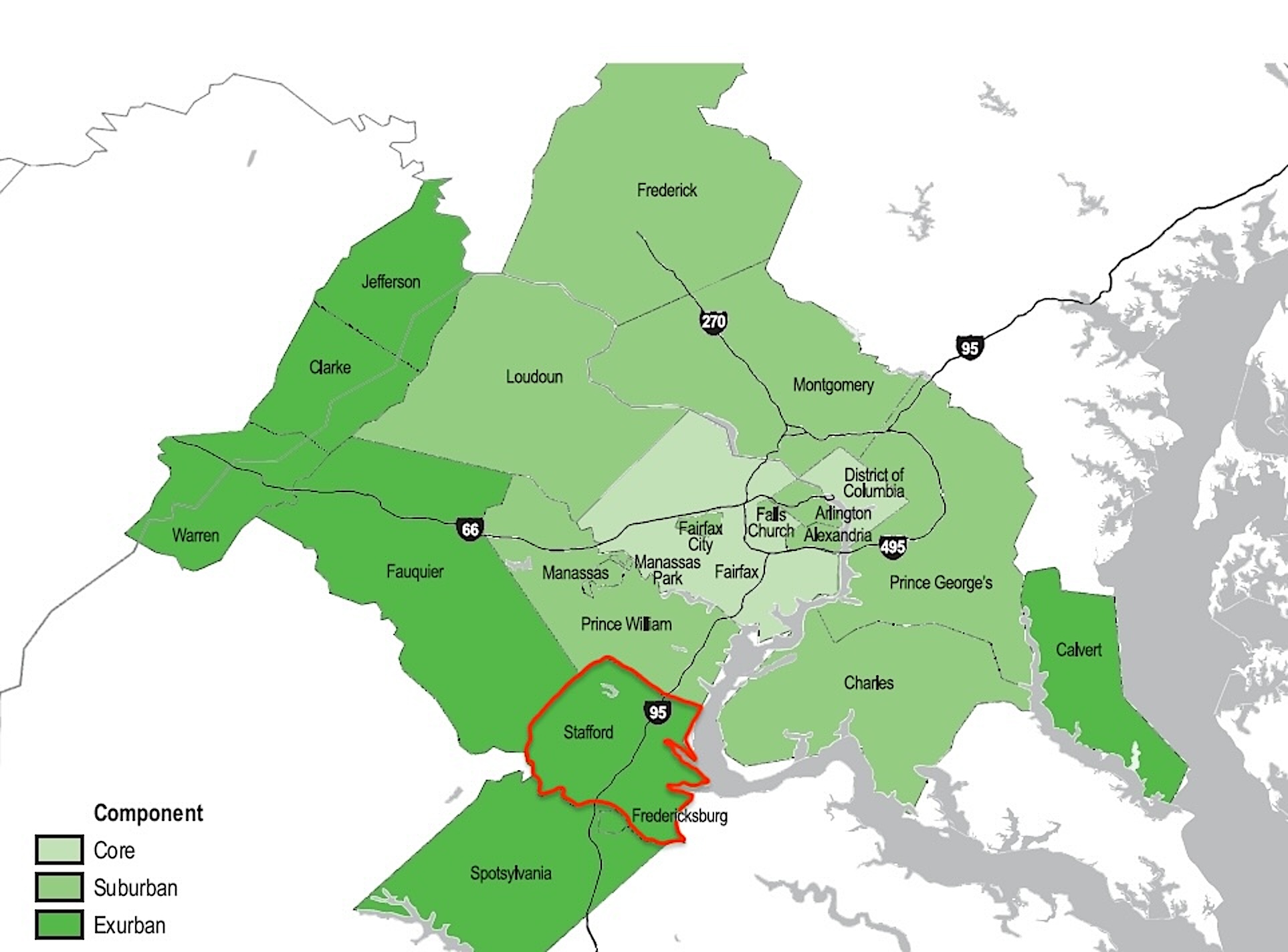 A map of counties in the DC region, with more densely populated counties shown in darker green.