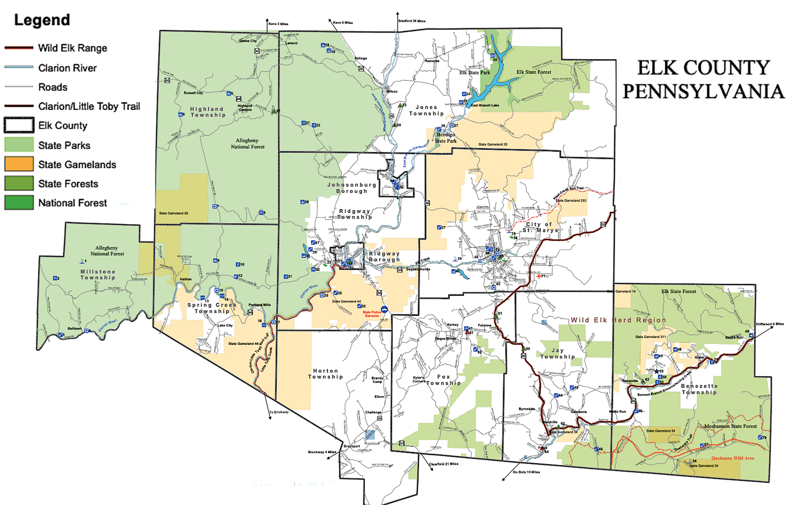 Most of the western and eastern parts of the county are state parks, state forests, or national forests.