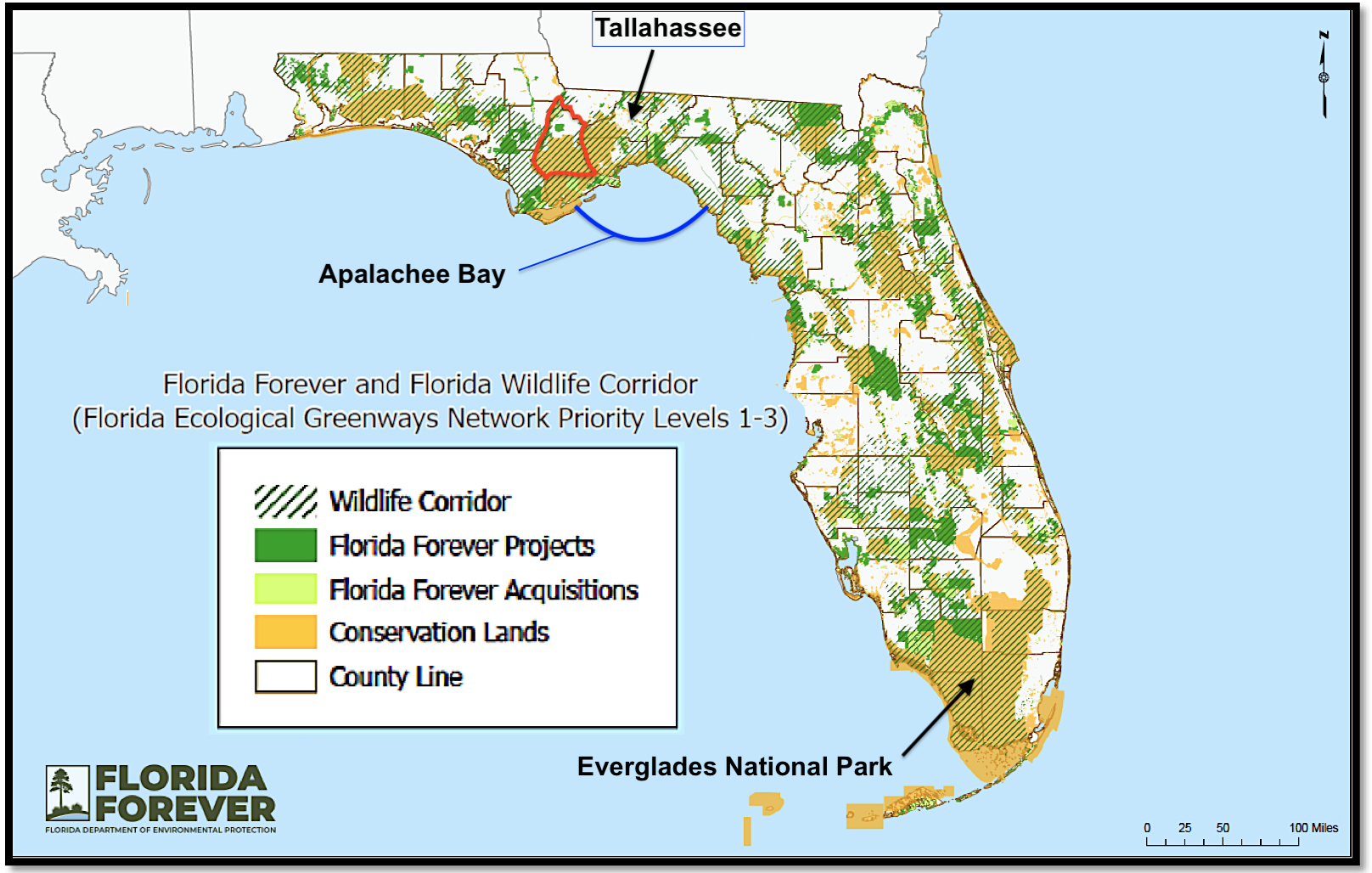 Map of Florida with patchwork of protected lands and Wildlife Corridor lands planned for protection.