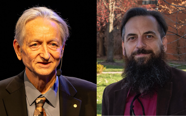 On the left, Hinton speaks into a mic attached to his ear. On the right, Yampolskiy smiles with trees in the background.