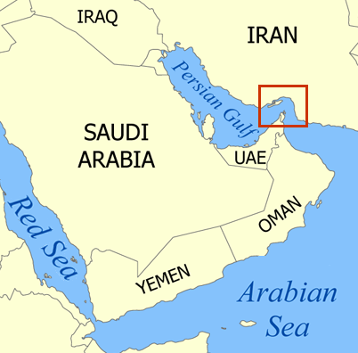 Map showing that the Strait of Hormuz is a narrow, curved passage from the Persian Gulf to the Arabian Sea.