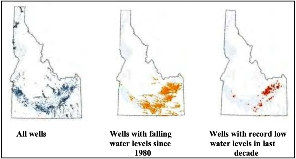Three maps of Idaho, showing all wells, wells with falling water levels, and wells with record low water levels in the last decade.