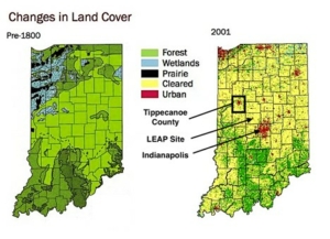 Side-by-side maps of Indiana showing the lost of forested cover between 1800 and 2001. The left map is various shades of green, showing various densities of forest cover. The right map is largely yellow, indicating cleared land for farming. Some forested area remains in southern Indiana.