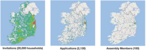 Three maps of Ireland, side-by-side, showing the the geography of invitations, applications, and membership of citizen's assemblies in Ireland.