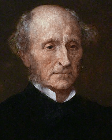 somber-looking painting of John Stuart Mill in a black shirt