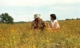 President Johnson and Lady Bird Johnson sit in a field of daisies, their hands touching
