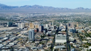 Aerial view of Las Vegas, with mountains in the background