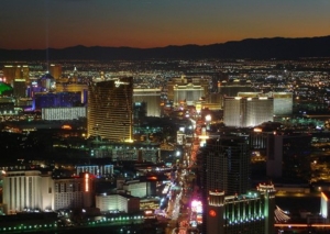 Aerial view of the Las Vegas strip at sunset