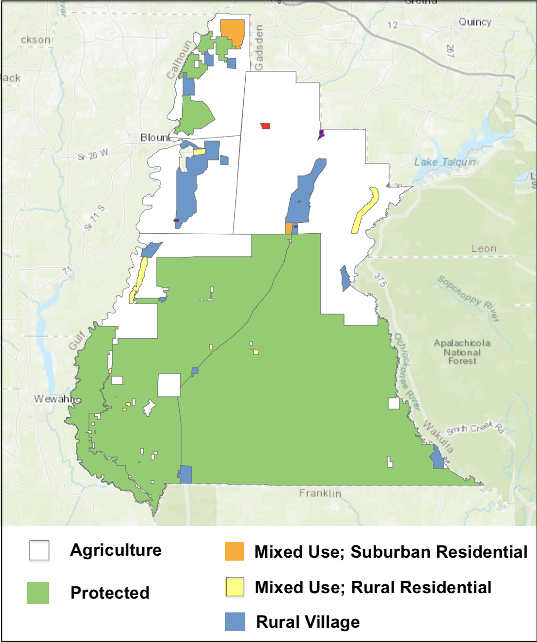 Map of Liberty County with over half of the county--the southern half--protected for conservation and patches of development zoning in the north.