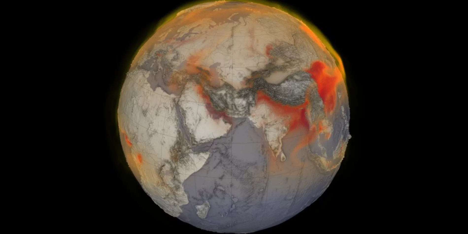 A satellite image of the earth, with patches of red gas in the atmosphere.