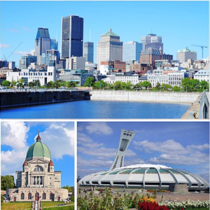 three photos, of the Montreal skyline, a church, and a stadium