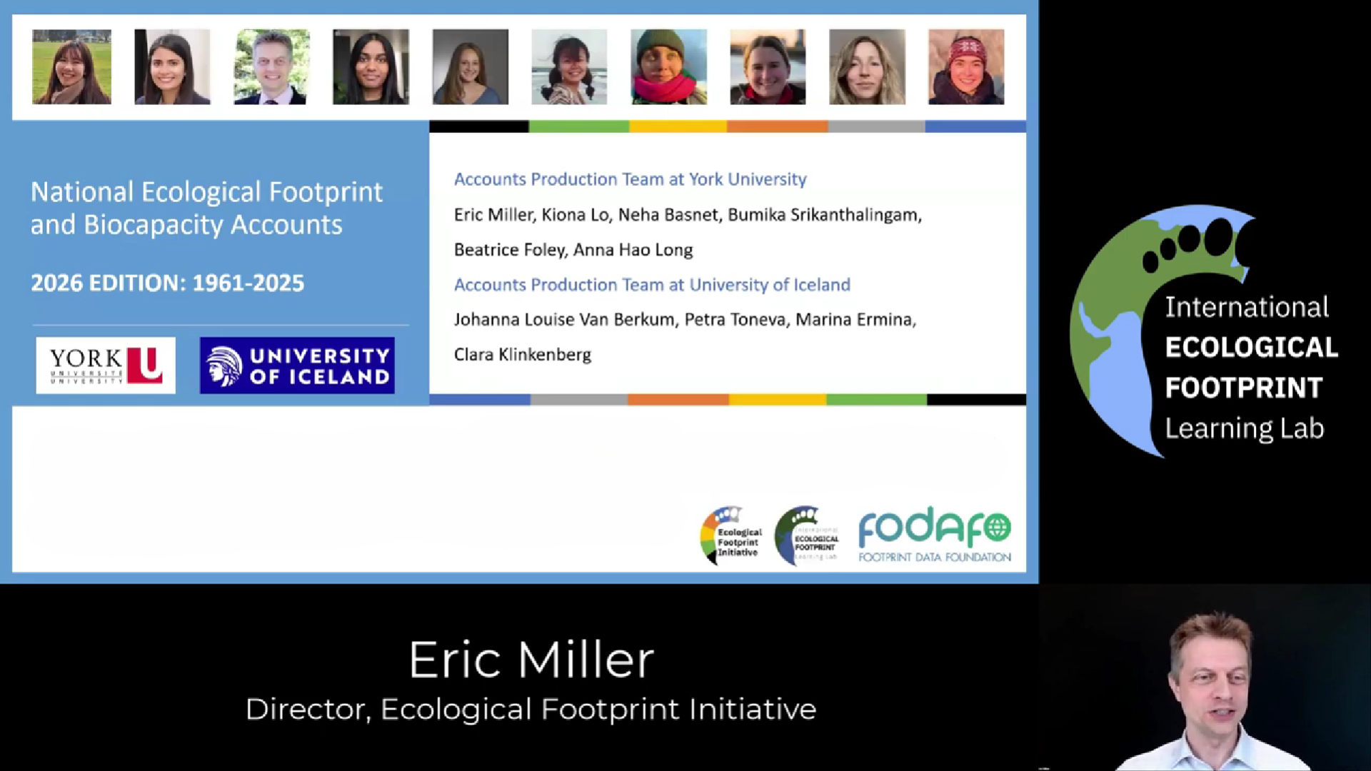 screenshot of YouTube video that shows the Ecological Footprint Initiative director in the bottom right corner and the profiles of ten researchers at the top