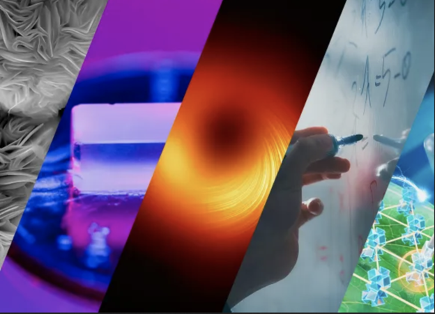 A collage of 5 images depicting different types of science, from math on a whiteboard to microscope images.