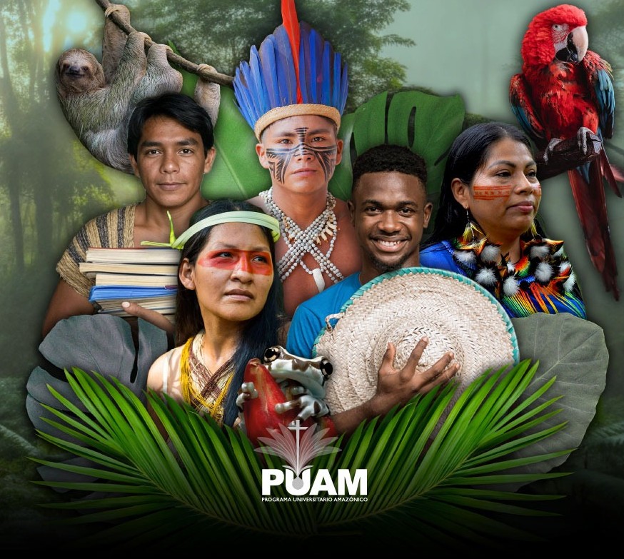 A collage of people representing different Indigenous cultures in the Amazon, with a sloth and parrot in the background.