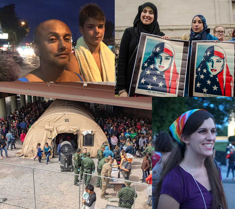 Collage of four photos: two gay men in LA; two Muslim women holding posters of a woman in an American flag hijab; U.S. border patrol agents and a mass of immigrants; transgender Senator Danica Roem smiling