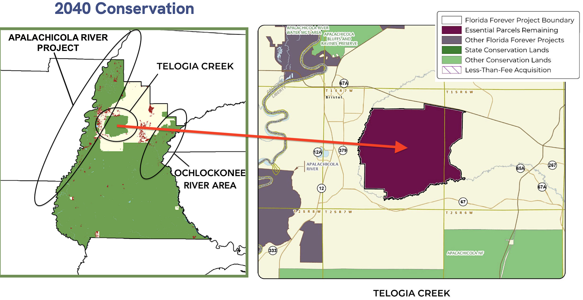 Map of the county with conservation projects circled on the left and close-up of the Telogia Creek acquisition on the right.