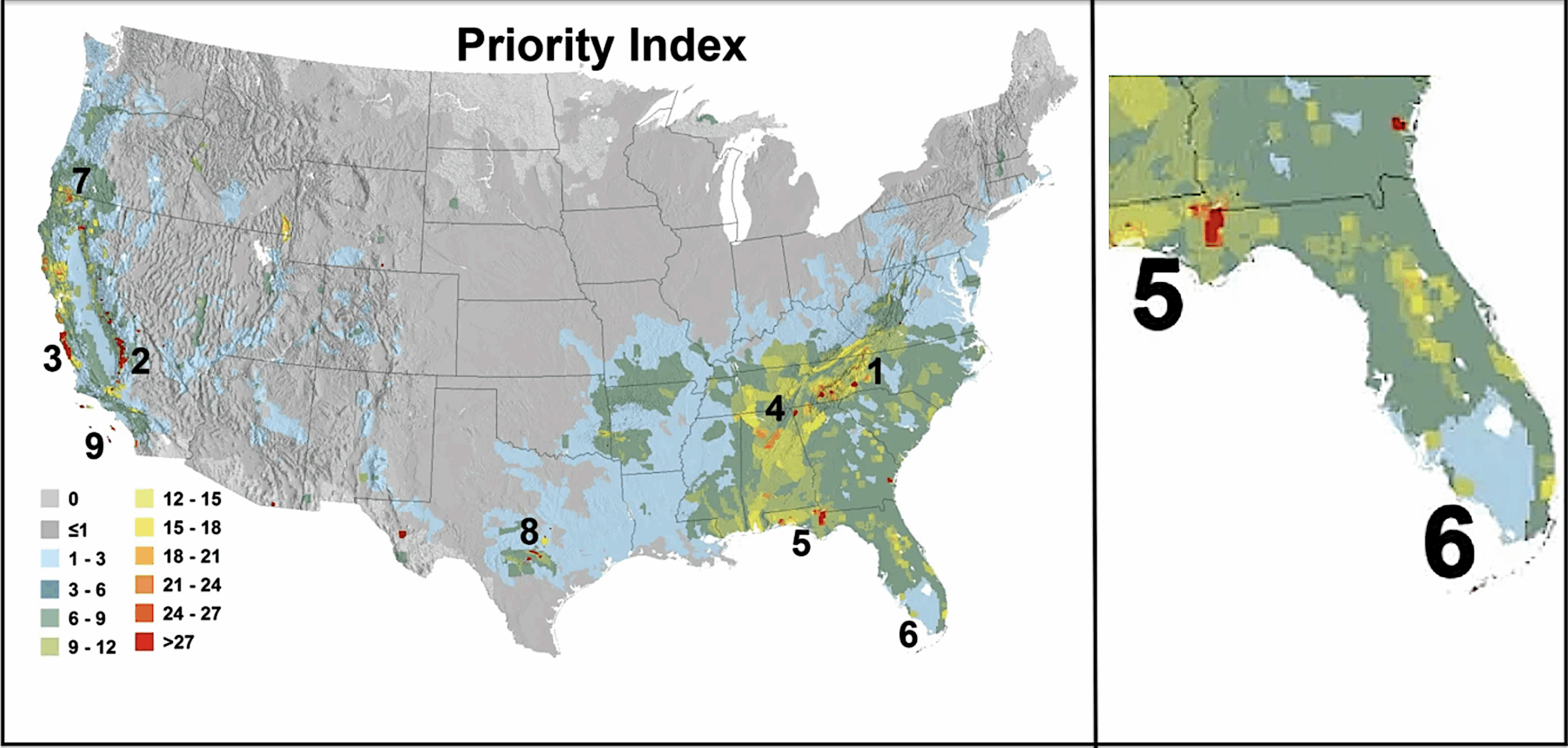 Map of the US showing priority conservation areas concentrated along the west coast and in the southeast.