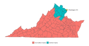 Map of Virginia with Northern Virginia region colored in blue.